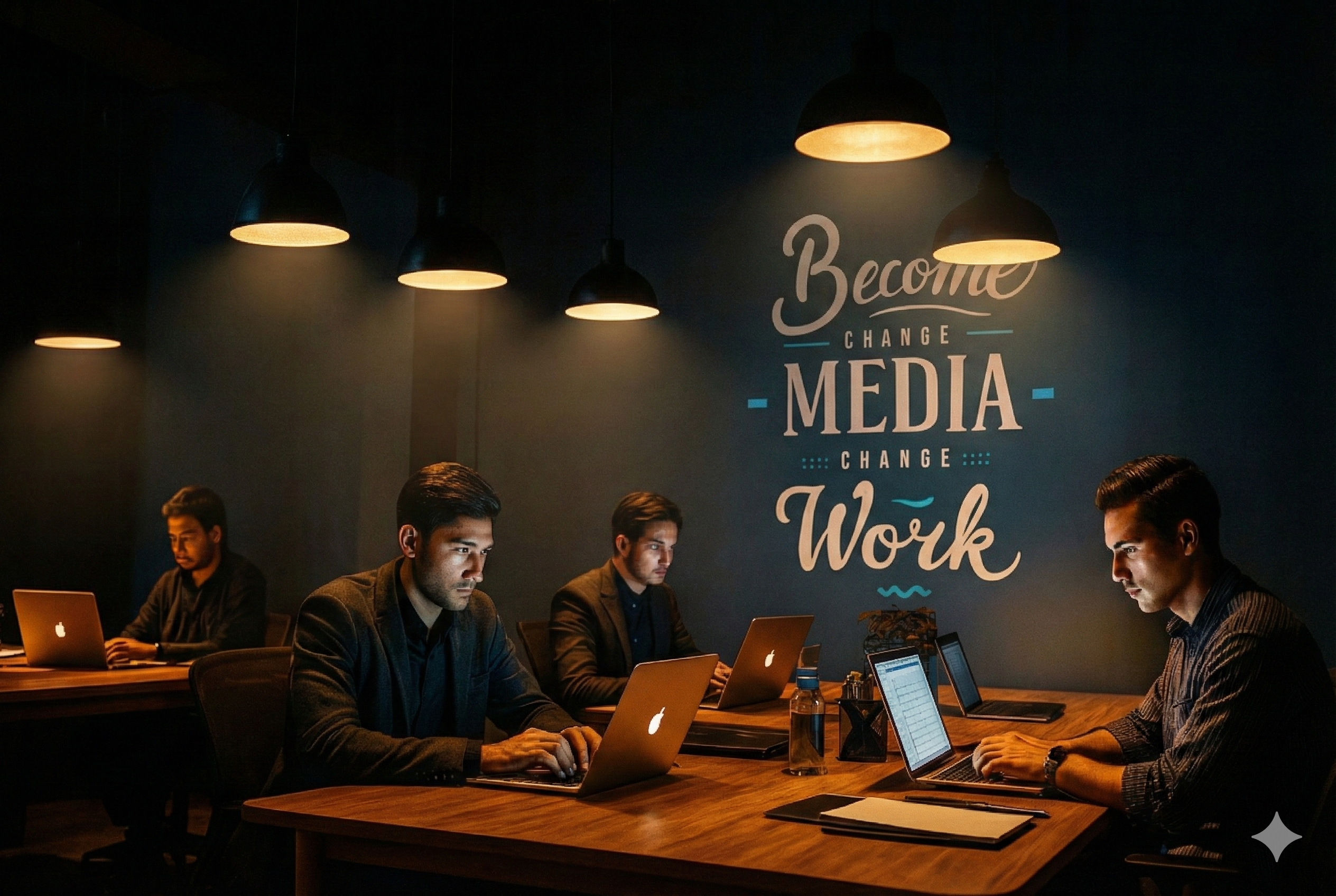 Design team working collaboratively on laptops in a modern, dim-lit workspace with a motivational wall quote.