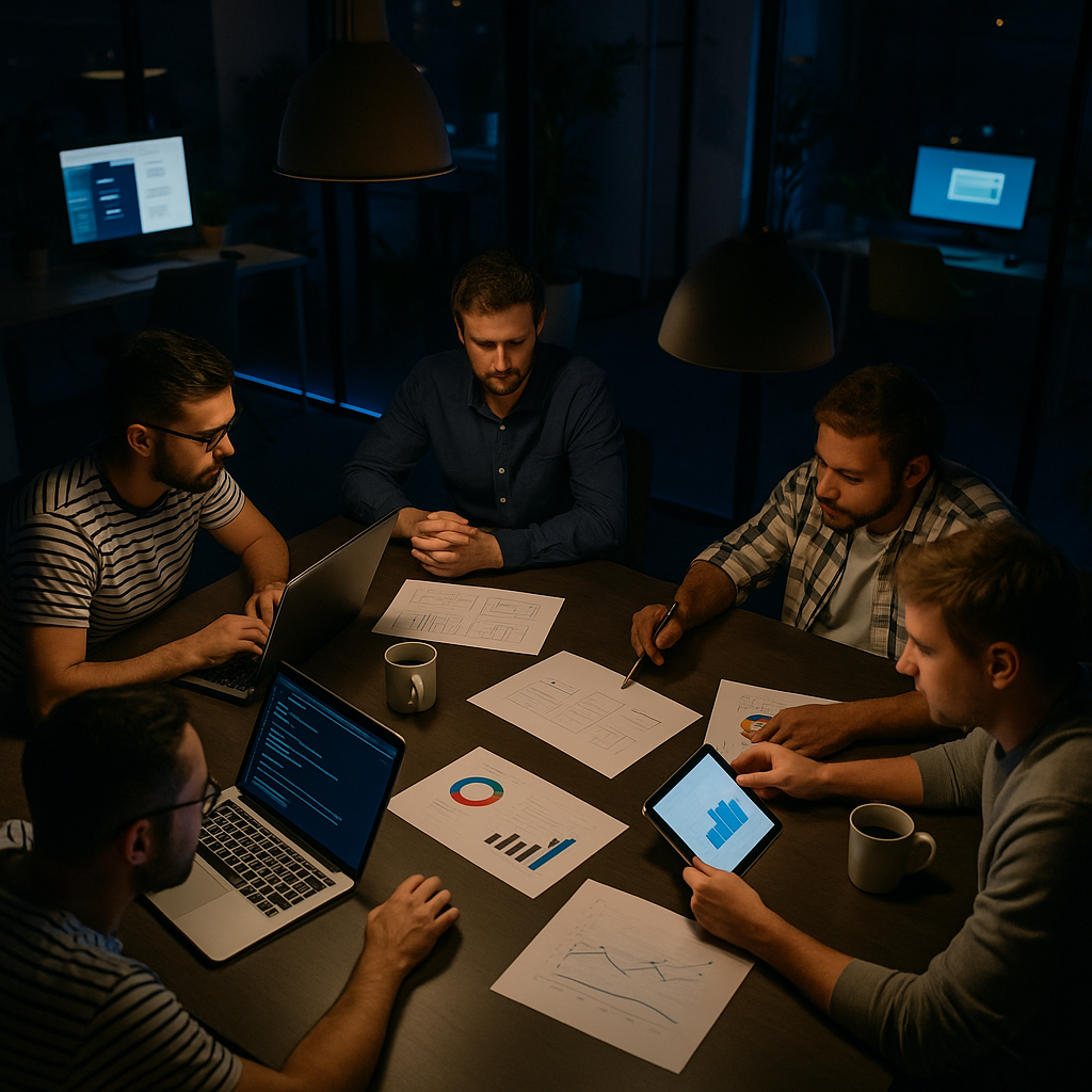 Team of designers and developers collaborating at a table with charts, wireframes, and laptops during a strategy meeting.
